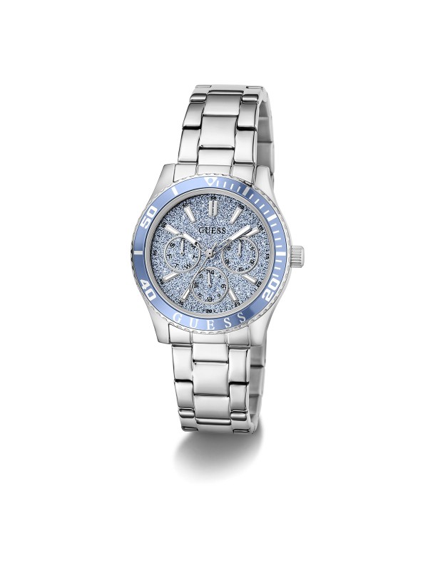 Upečatljiv GUESS Mariana ženski sat od 36mm u srebrnom tonu. Ledeno plavi brojčanik sa šljokicama, plava korona i multifunkcionalni mehanizam. Vodootporan 30m.