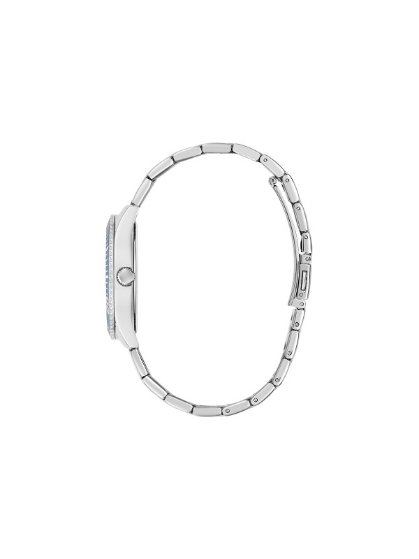 Upečatljiv GUESS Mariana ženski sat od 36mm u srebrnom tonu. Ledeno plavi brojčanik sa šljokicama, plava korona i multifunkcionalni mehanizam. Vodootporan 30m.