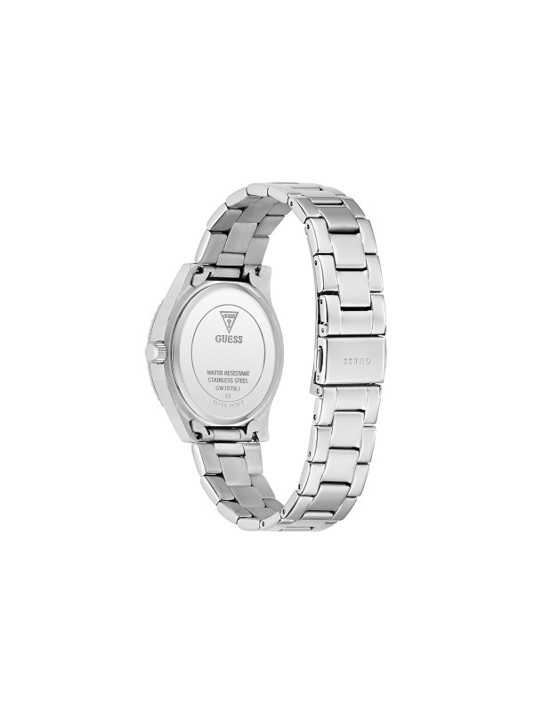 Upečatljiv GUESS Mariana ženski sat od 36mm u srebrnom tonu. Ledeno plavi brojčanik sa šljokicama, plava korona i multifunkcionalni mehanizam. Vodootporan 30m.