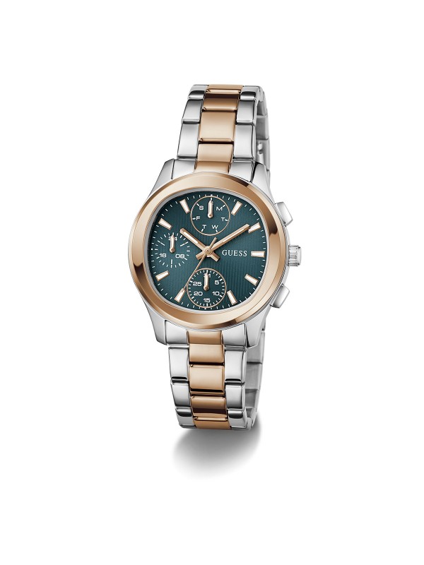 Elegantan GUESS Birdie ženski sat od 36mm. Multifunkcionalni mehanizam u kombinaciji srebrnog i tona roze zlata sa zelenoplavim brojčanikom. Vodootporan do 50m.