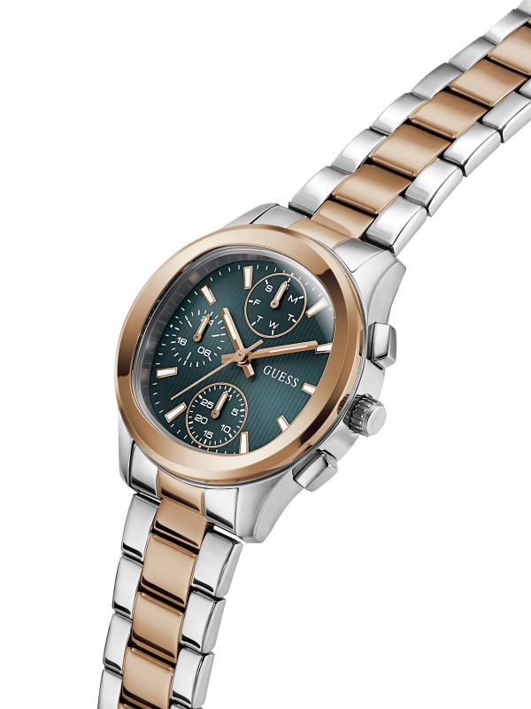 Elegantan GUESS Birdie ženski sat od 36mm. Multifunkcionalni mehanizam u kombinaciji srebrnog i tona roze zlata sa zelenoplavim brojčanikom. Vodootporan do 50m.