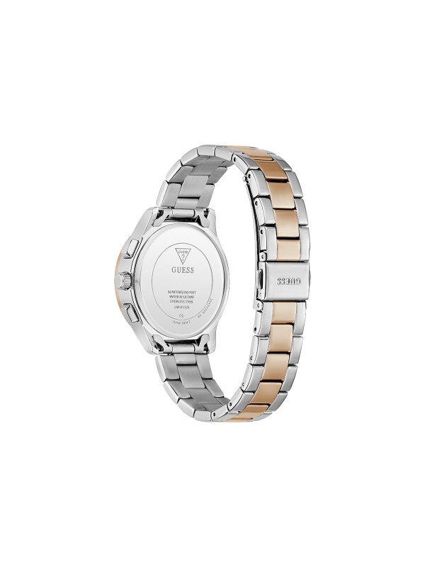 Elegantan GUESS Birdie ženski sat od 36mm. Multifunkcionalni mehanizam u kombinaciji srebrnog i tona roze zlata sa zelenoplavim brojčanikom. Vodootporan do 50m.