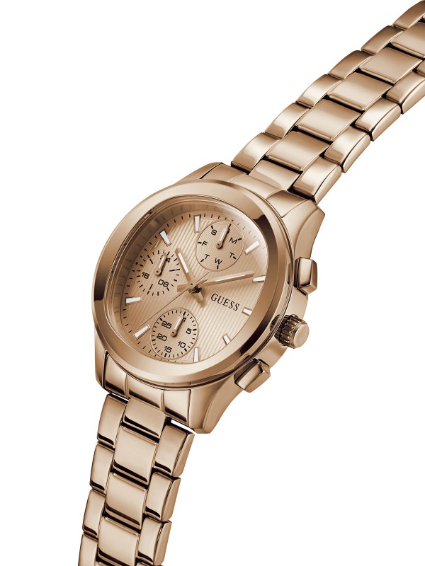 Elegantan GUESS Birdie ženski sat od 36mm. Multifunkcionalni mehanizam u tonu roze zlata sa rosegold brojčanikom. Vodootporan do 50m.