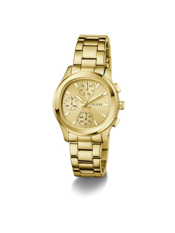 Elegantan GUESS Birdie ženski sat od 36mm. Multifunkcionalni mehanizam u zlatnom tonu sa šampanj brojčanikom. Vodootporan do 50m.