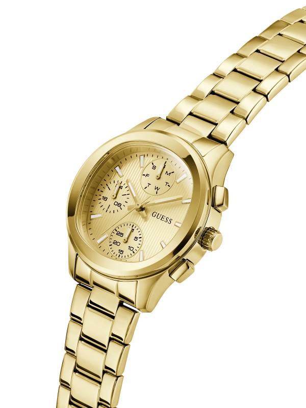 Elegantan GUESS Birdie ženski sat od 36mm. Multifunkcionalni mehanizam u zlatnom tonu sa šampanj brojčanikom. Vodootporan do 50m.