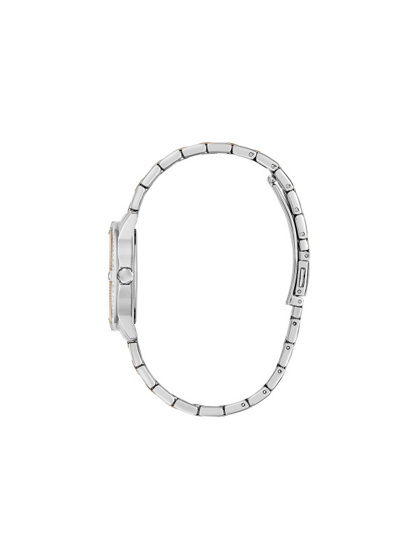Elegantan GUESS Colette ženski sat. Two-tone dizajn (srebro/roze zlato) od 32mm sa cirkonima i belim sedefastim brojčanikom. Vodootporan do 30m.