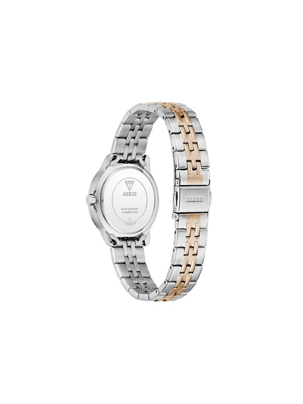 Elegantan GUESS Colette ženski sat. Two-tone dizajn (srebro/roze zlato) od 32mm sa cirkonima i belim sedefastim brojčanikom. Vodootporan do 30m.