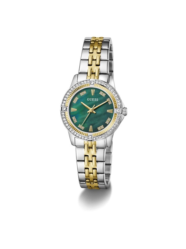 Elegantan GUESS Colette ženski sat. Two-tone dizajn (srebro/zlato) od 32mm sa cirkonima i plavozelenim sedefastim brojčanikom. Vodootporan do 30m.