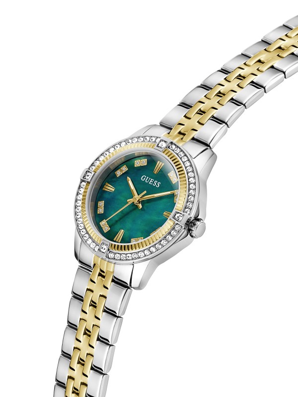 Elegantan GUESS Colette ženski sat. Two-tone dizajn (srebro/zlato) od 32mm sa cirkonima i plavozelenim sedefastim brojčanikom. Vodootporan do 30m.