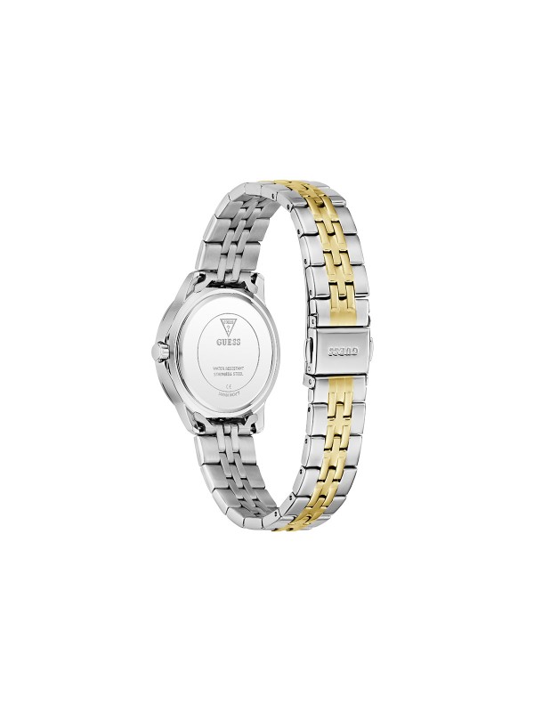 Elegantan GUESS Colette ženski sat. Two-tone dizajn (srebro/zlato) od 32mm sa cirkonima i plavozelenim sedefastim brojčanikom. Vodootporan do 30m.