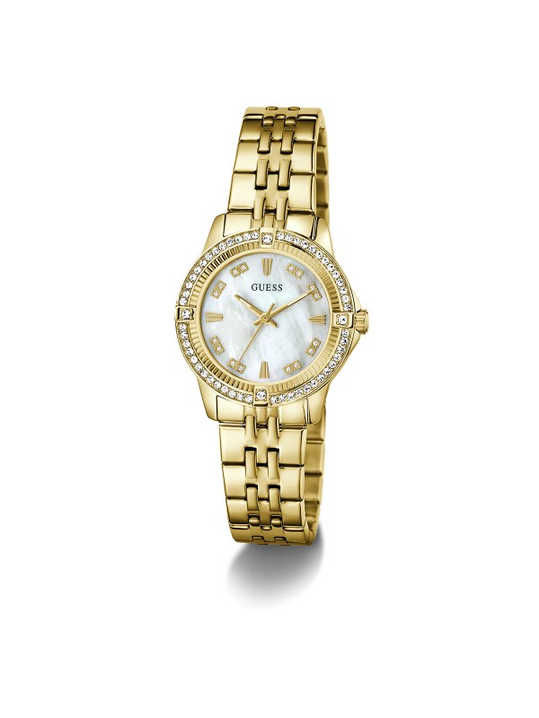 Elegantan GUESS Colette ženski sat. Kućište od 32mm u zlatnom tonu ukrašeno cirkonima sa prelepim brojčanikom od belog sedefa. Vodootporan do 30m.