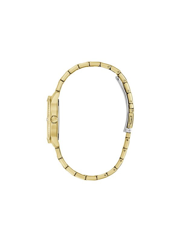 Elegantan GUESS Colette ženski sat. Kućište od 32mm u zlatnom tonu ukrašeno cirkonima sa prelepim brojčanikom od belog sedefa. Vodootporan do 30m.
