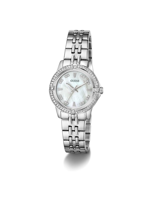 Elegantan GUESS Colette ženski sat. Kućište od 32mm u srebrnom tonu ukrašeno cirkonima sa prelepim brojčanikom od belog sedefa. Vodootporan do 30m.