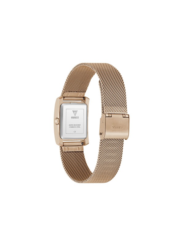 Elegantan GUESS Bonnet ženski sat pravougaonog oblika. Kućište od 23mm u tonu roze zlata sa cirkonima i mesh narukvicom. Beli brojčanik i vodootpornost do 30m.