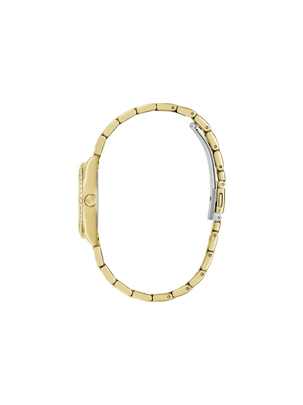 Elegantan GUESS Mini Luna ženski sat prečnika 30mm. Kućište i narukvica u zlatnom tonu sa cirkonima i plavozelenim brojčanikom. Vodootporan do 30m.