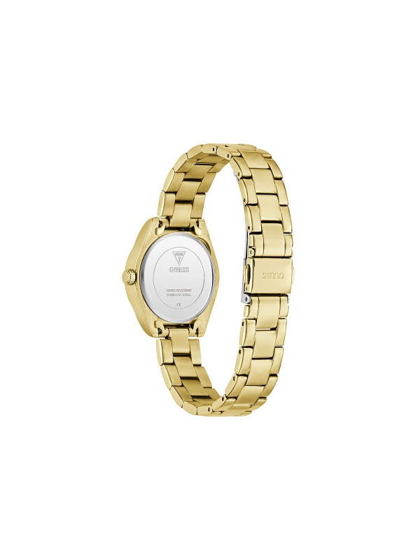Elegantan GUESS Mini Luna ženski sat prečnika 30mm. Kućište i narukvica u zlatnom tonu sa cirkonima i plavozelenim brojčanikom. Vodootporan do 30m.