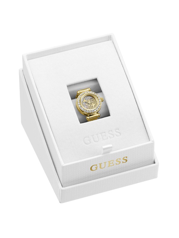 GUESS Anna GW1078L2 inovativni ženski prsten-sat u veličini M. Kućište od 18mm u zlatnom tonu sa cirkonima i teksturirani 4G brojčanik. Vodootpornost 30m.