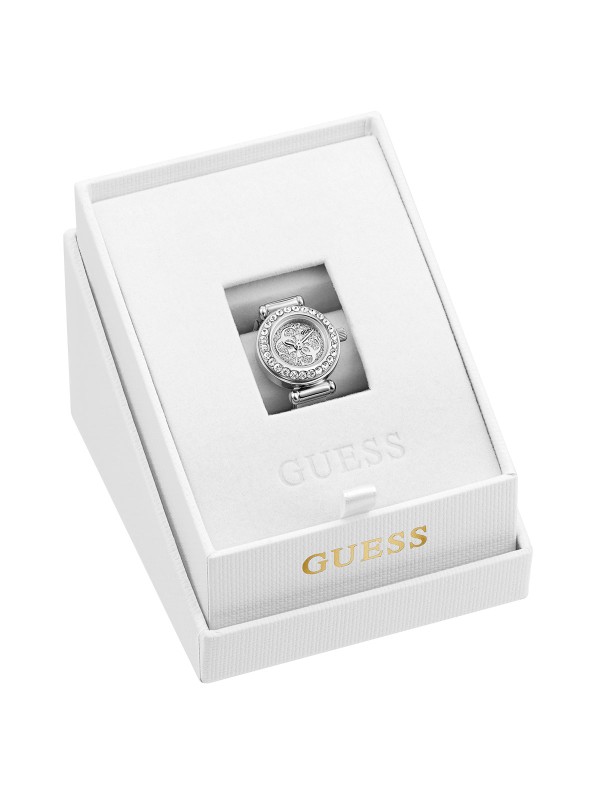 GUESS Anna GW1022L1 inovativni ženski prsten-sat. Kućište od 18mm u boji srebra ukrašeno cirkonima. Teksturirani brojčanik sa 4G logom. Vodootporan do 30m.