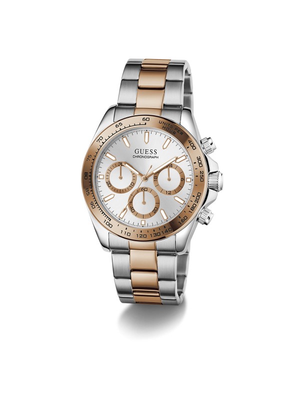 GUESS Arthur GW1058G6 muški sportski hronograf. Dvobojno kućište od 42mm u kombinaciji srebra i boje roze zlata sa srebrnim brojčanikom. Vodootporan 50m.