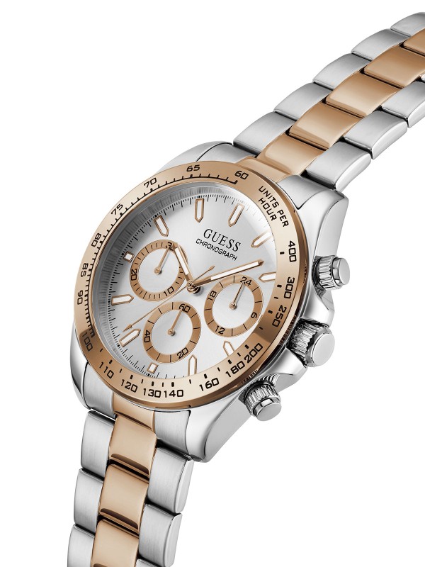 GUESS Arthur GW1058G6 muški sportski hronograf. Dvobojno kućište od 42mm u kombinaciji srebra i boje roze zlata sa srebrnim brojčanikom. Vodootporan 50m.