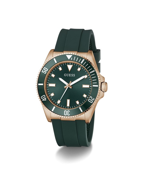 GUESS Cliff GW0969G5 muški sportski sat. Kućište u boji roze zlata od 43mm sa zelenom koronom i zelenom silikonskom narukvicom. Vodootporan do 50m.