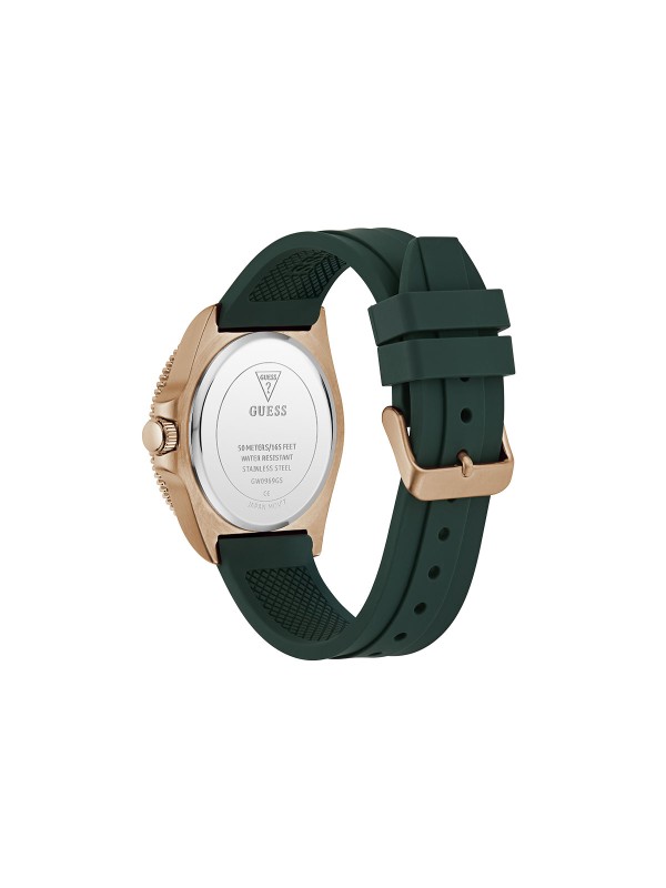 GUESS Cliff GW0969G5 muški sportski sat. Kućište u boji roze zlata od 43mm sa zelenom koronom i zelenom silikonskom narukvicom. Vodootporan do 50m.