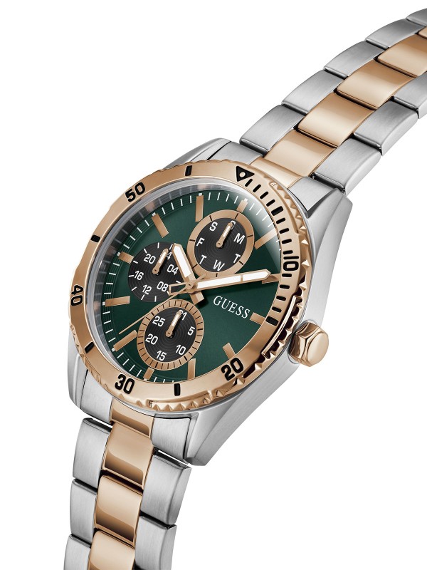 GUESS Velocity GW1061G6 muški sportski sat. Dvobojno kućište (srebro/roze zlato) od 43mm i upečatljiv zeleni brojčanik. Multifunkcionalan i vodootporan 50m.