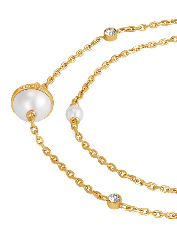 Elegantna CERRUTI 1881 Luciana ženska ogrlica sa dva reda lančića u zlatnom tonu. Detalji od bisera i cirkona na nerđajućem čeliku. Podesiva dužina 45+5cm.