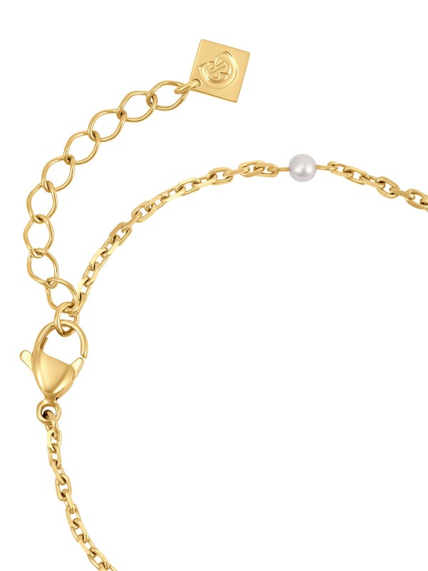 Elegantna CERRUTI 1881 Celeste ženska narukvica u zlatnom tonu sa logotipom C, cirkonima i biserom. Podesiva dužina 17+3,5cm od nerđajućeg čelika.