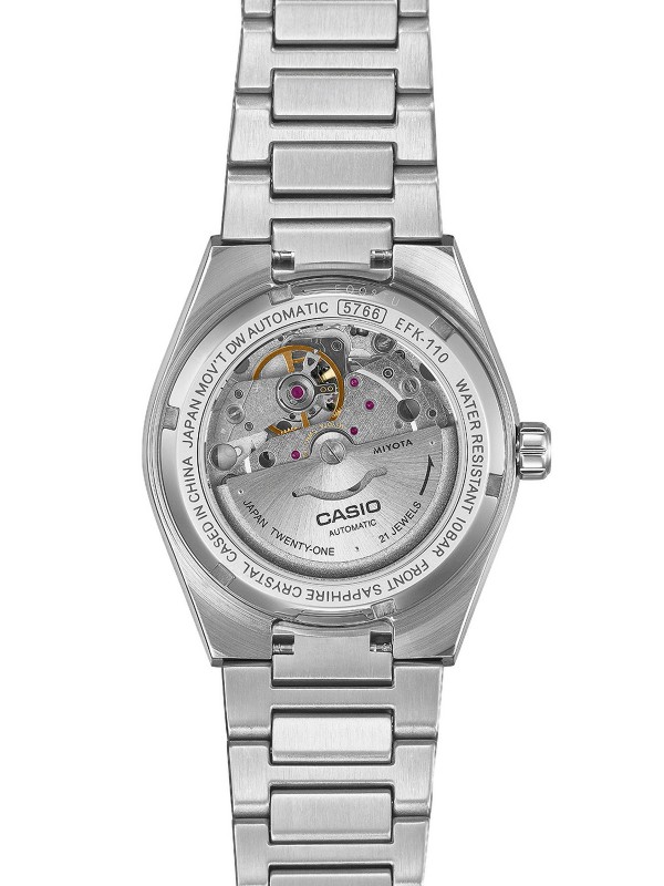 Casio EDIFICE EFK-110D-7AER automatski muški sat sa belim brojčanikom, safirnim staklom i providnom poleđinom. Japanski mehanizam. Dostupan u Timer radnjama.