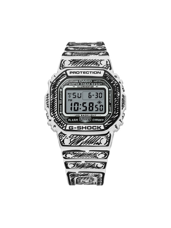 Limitirani G-SHOCK DW-5600JV-7ER iz saradnje sa umetnikom Joshua Vides. Beli sat sa crnom strip grafikom, vodootpornost 200m. Kupite u Timer radnjama.