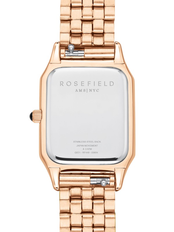 Ženski analogni sat Rosefield sa mesing kućištem i narukvicom od nerđajućeg čelika u boji roze zlata. Elegantan i izdržljiv model. Kupite odmah!