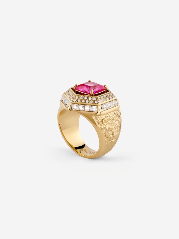 Guess ženski prsten od nerđajućeg čelika u boji žutog zlata sa roze cirkonom. Elegantni pečatnjak sa motivom lavice. Kupite odmah i istaknite svoj stil!
