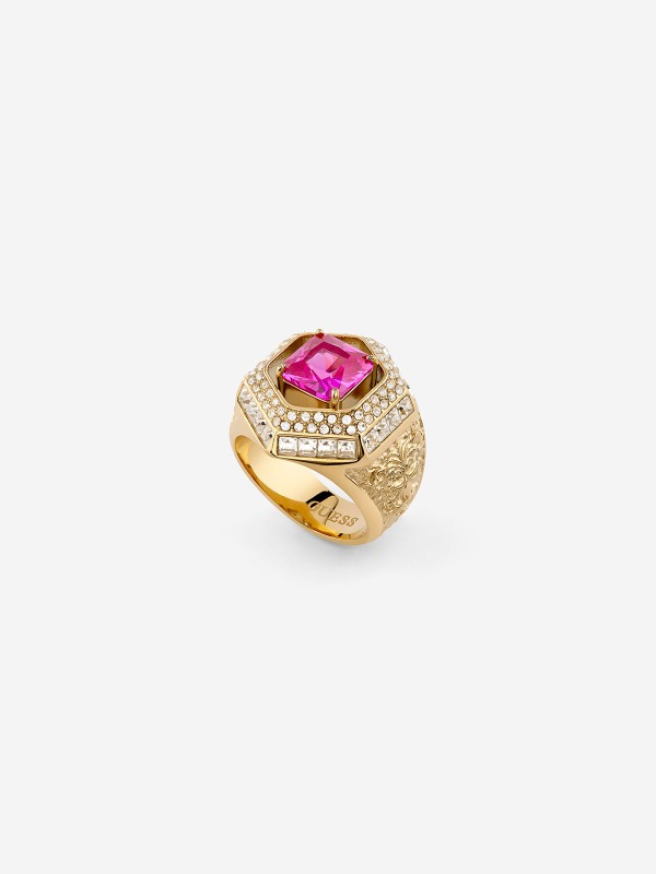 Guess ženski prsten od nerđajućeg čelika u boji žutog zlata sa roze cirkonom. Elegantni modni dodatak za svaku priliku. Kupite odmah online!