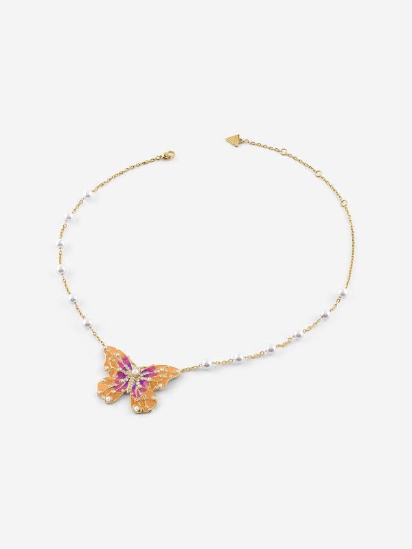 Guess ženska ogrlica od nerđajućeg čelika u boji žutog zlata sa bisernim perlama i leptir detaljem. Elegantna i podesiva. Kupite odmah online!