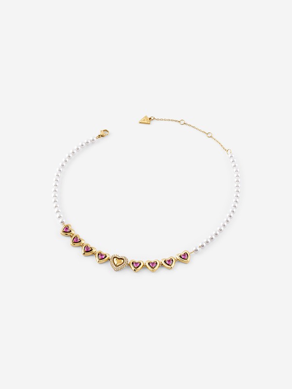 Ženska ogrlica od nerđajućeg čelika u boji žutog zlata sa belim bisernim perlama i pink cirkonima. Elegantna i moderna. Kupite odmah online!