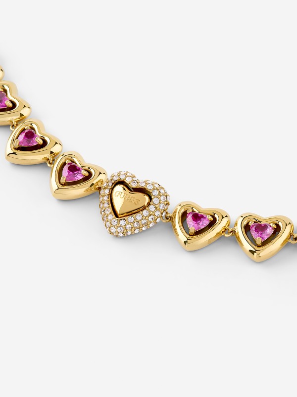 Ženska ogrlica od nerđajućeg čelika u boji žutog zlata sa belim bisernim perlama i pink cirkonima. Elegantna i moderna. Kupite odmah online!