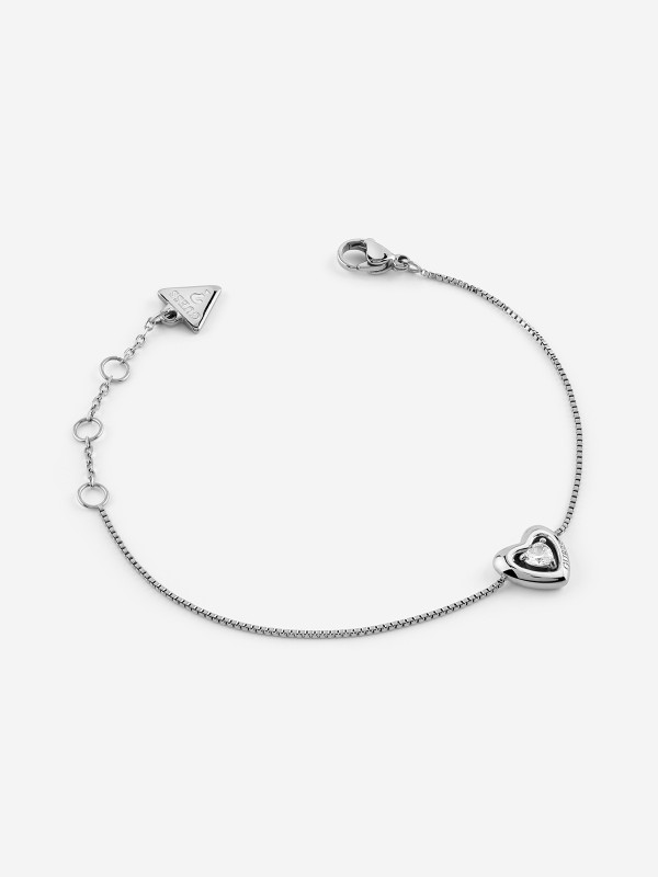 Guess ženska narukvica od nerđajućeg čelika u boji srebra sa cirkonskim srcem. Elegantna i podesiva. Poručite online i istaknite svoj stil!