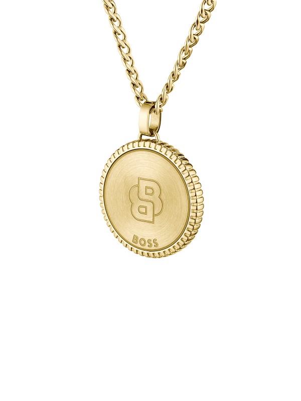 Muška ogrlica od nerđajućeg čelika u boji žutog zlata sa modernim medaljonom. Savršen dodatak za stilskog muškarca. Kupite odmah online!