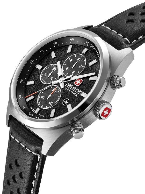 Swiss Military Hanowa STORM pilotski hronograf sa safirnim staklom i crnom kožnom narukvicom. Swiss Made preciznost i vintage dizajn.