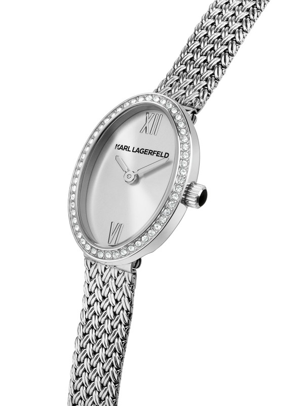 Karl Lagerfeld Oval Allure ženski sat u srebrnoj boji sa cirkonima. Nerđajući čelik i elegantan minimalistički dizajn. Naruči online!