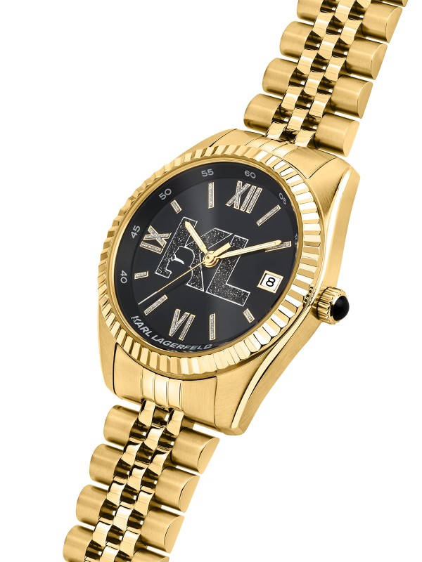 Karl Lagerfeld Timeless Code ženski sat u boji žutog zlata sa crnim sunray brojčanikom i KL logom. Analogni kvarcni mehanizam. Naruči online!