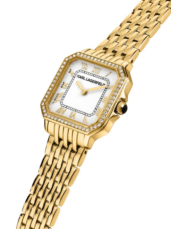 Karl Lagerfeld Icon Square ženski sat u boji žutog zlata sa kvadratnim kućištem i belim brojčanikom. Elegantan i sofisticiran dizajn. Naruči online!