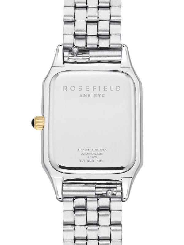 Rosefield IVY ženski sat u kombinaciji srebra i žutog zlata. Pravougaono kućište, mineralno staklo i japanski kvarcni mehanizam. Naruči online!