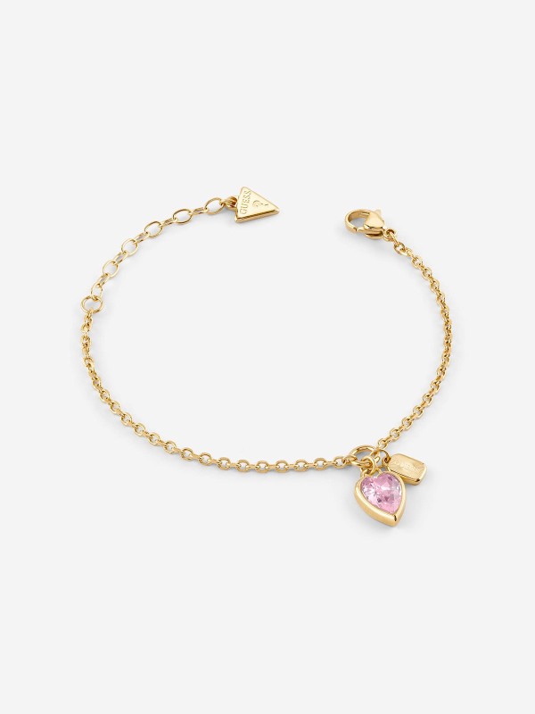 Ženska Guess narukvica u boji žutog zlata sa roze srcem od cirkona. Podesiva veličina i elegantan dizajn. Naruči online!