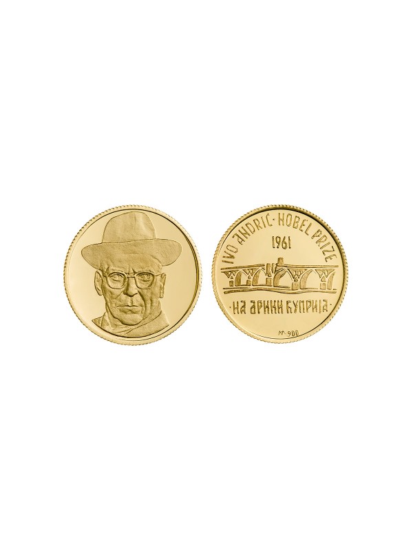Zlatnik IVO ANDRIĆ  / Revers strana: JUBILEJ I. ANDRIĆA
Zlatnik je izrađen od 22ct zlata finoće 900/1000