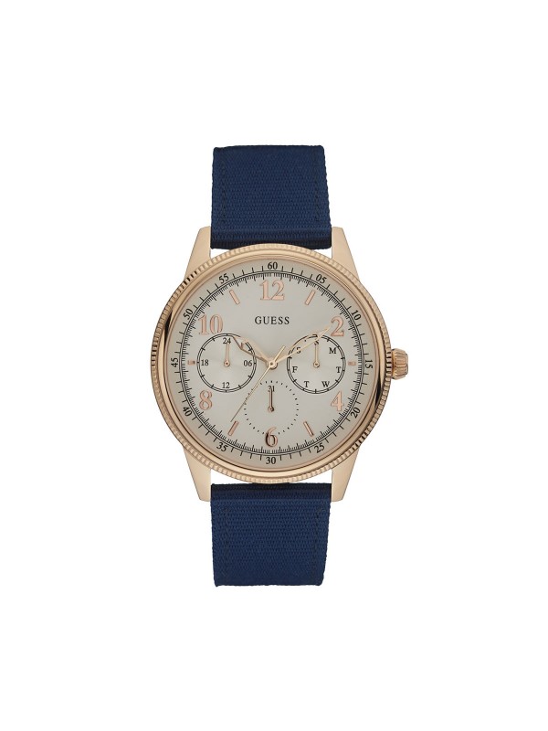 Guess Aviator muški ručni sat - elegantni model sa teget narukvicom i kućištem u boji ružičastog zlata, lako poručite putem  Timer.co.rs online prodavnice.