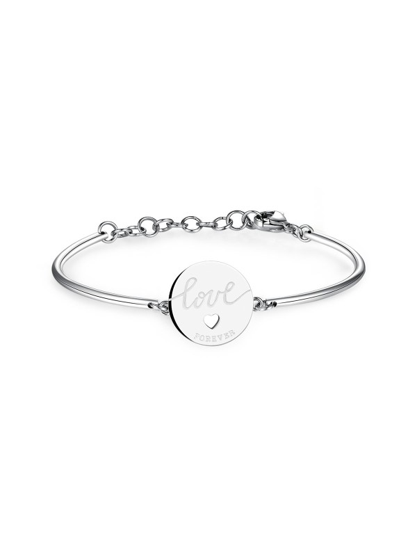 Narukvica od nerđajućeg čelika u boji srebra sa medaljonom na kome je  ugravirana poruka:  
LOVE FOREVER


- prečnik: 7cm
- težina: 6,8gr