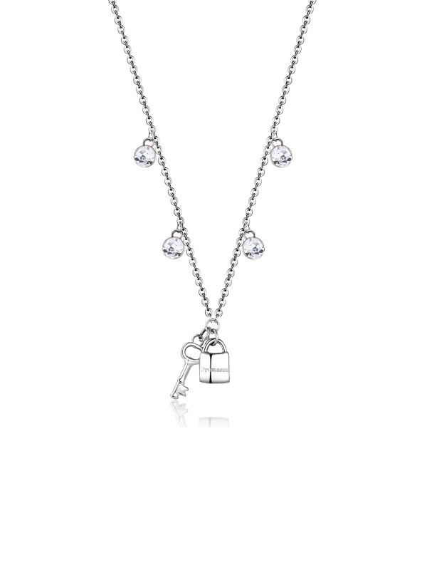 Brosway Chakra ogrlica srebrne boje, od nerđajućeg čelika, sa privescima katanac, ključ i Swarovski kristalima, i ugraviranom porukom OBEĆANJE.