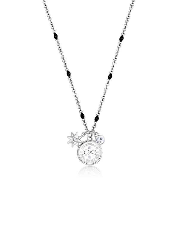 Brosway Chakra ogrlica za prijatelje, napravljena od nerđajućeg čelika u boji srebra, sa privescima: zvezda Severnjača, znak beskonačnosti i Swarovski kristalom.